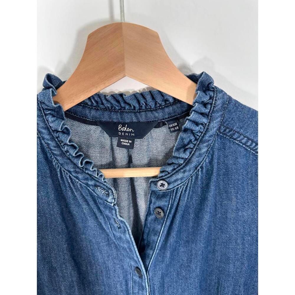 Boden Blue Denim Midi Dress US 6R Ruffle Collar Tiered Button Front - Picture 4 of 8